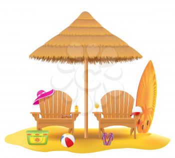 beach armchair lounger deckchair wooden and umbrella made of straw and reed vector illustration isolated on white background