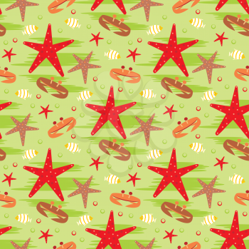 Royalty Free Clipart Image of a Crab and Starfish Background