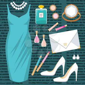 Royalty Free Clipart Image of a Fashion Set on a Green Background