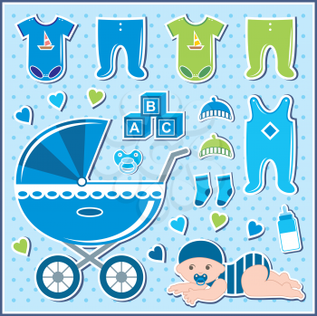 Royalty Free Clipart Image of a Baby Boy and Elements