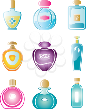 A set of different types of bottles for the perfume on a white background.