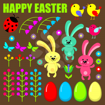 Set of easter eggs,animals and flowers. Vector illustration