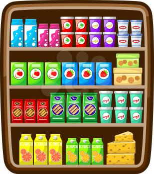 Supermarket, shelfs with food. Vector illustration