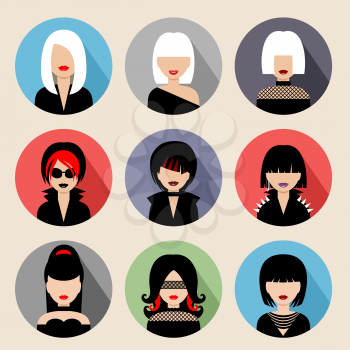 Image of flat round icons with women of different species. Vector illustration