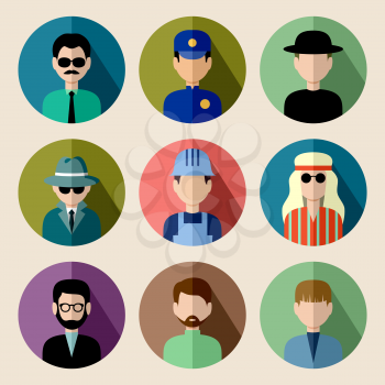Image of flat round icons with men of different species.  vector illustration
