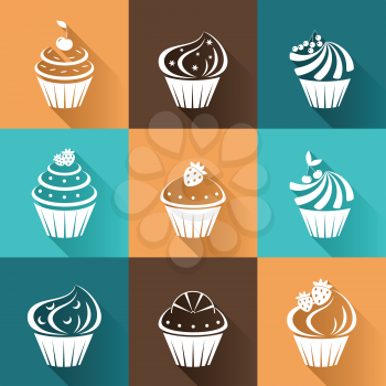 Flat icons cupcakes with long shadow. Vector illustration
