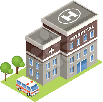 Image isometric hospital., standing on the grass.Vector illustration
