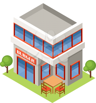Image isometric burger house, standing on the grass.Vector illustration