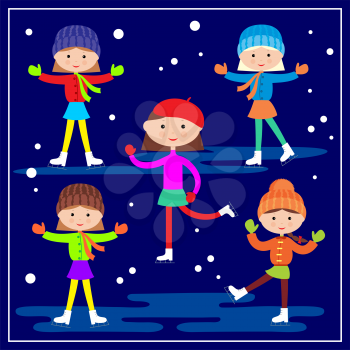 Little girls skating on the blue background. Vector illustration
