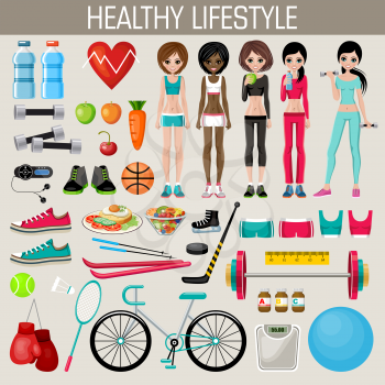 Set of healthy lifestyle elements. Sports equipment. Icons.Vector illustration
