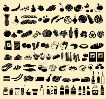 Black vector icons of products. Isolated. Vector illustration