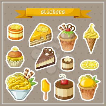 Set of stickers with sweets, cakes, ice cream and cupcakes. Brown background. Vector illustration.