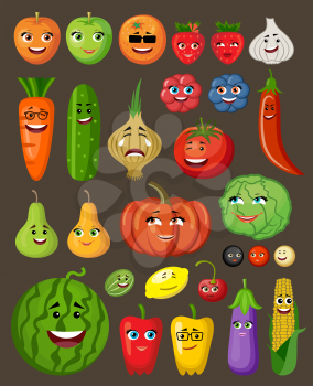 Big set of fruit and vegetables with persons and characters. Vector illustration