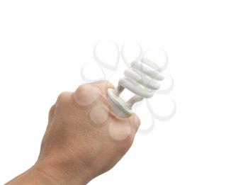 Arm holding energy saving lamp isolated on white 