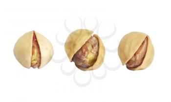 Close up of pistachios nuts in isolated white background 