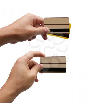 credit cards in hand isolated on white background 