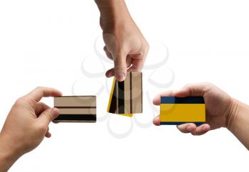 credit cards in hand isolated on white background 
