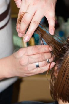 hairdresser cutting wet hair close-up, hair salon 