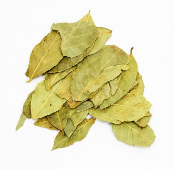 Pile of bay leaves on white background 