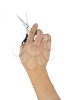 hand with hair cutting scissors, isolated on white 