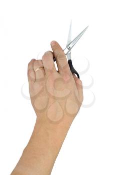 hand with hair cutting scissors, isolated on white 