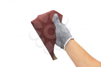 sandpaper in hand on a white background