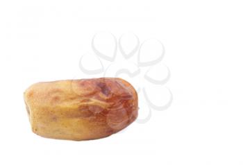 Single dried date fruit from low perspective on white background.