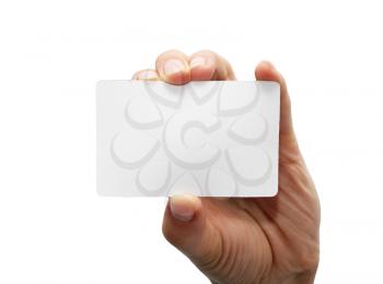 white card in hand on white background
