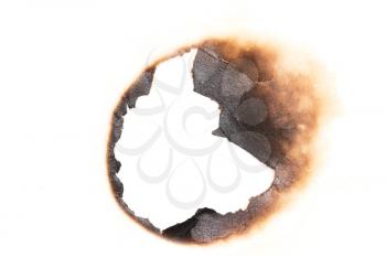 burned hole on a white paper background