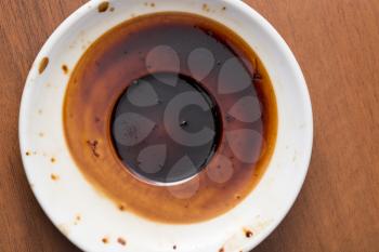 saucer with a dried coffee on a wooden background