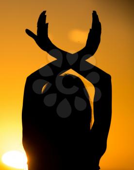 Silhouette of a girl's hand on a beautiful sunset .