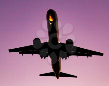 Silhouette of a landing aircraft at sunset .