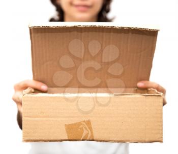 girl with a box on a white background