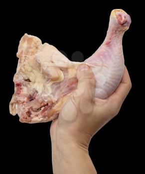 chicken leg in hand on a black background