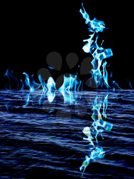 blue flame fire with reflection in water