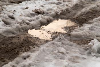 puddle on the road in winter