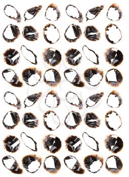 Collection of burnt holes in a piece of paper isolated on white background 