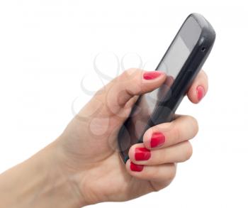 Elegant female hands with red nails holding a smart phone. Closeup isolated on white