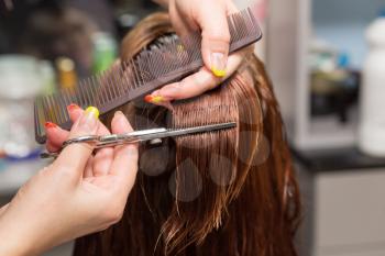 Female hair cutting scissors in a beauty salon