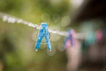 Clothes peg with water drops after rain in the morning.
