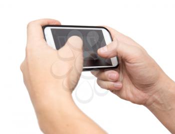 phone in his hand on a white background