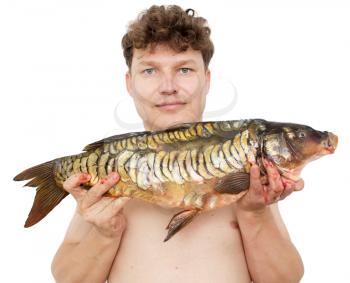 carp in male hands on a white background