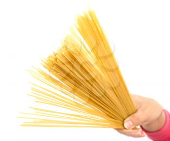 noodles in a hand on a white background