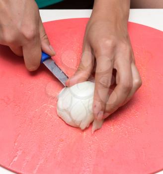 woman cuts onion knife