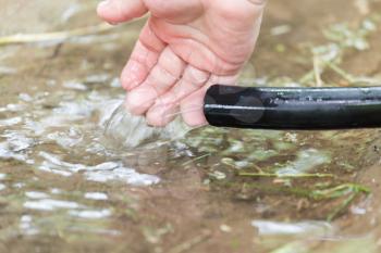 water from a hose in hand