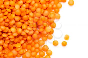 Red lentils on a white background. macro