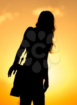 Silhouette of a girl photographer at sunset .