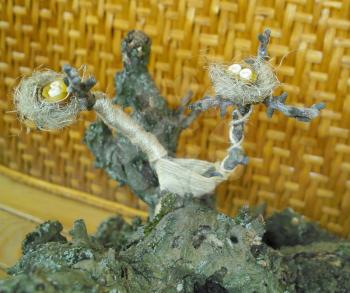 Miniature of  tree - twigs, shells of hazelnuts, beeswax, seed, natural jute twine, dried leaves