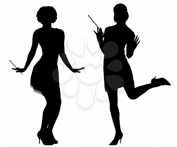 Silhouettes of women with retro costumes from cabaret