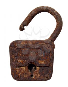 Old rusty padlock on white background